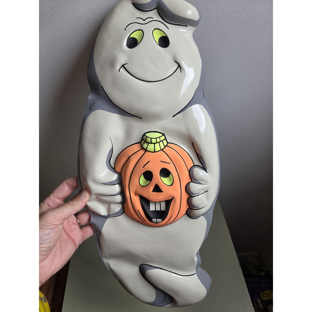 Vintage Halloween Ghost Pumpkin Wall Decor 20" Molded Plastic Retro